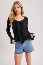 Load image into Gallery viewer, 6714- V-Neck Ruffle Trim Ribbed Knit Top-BLACK
