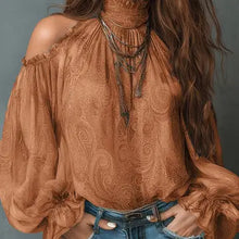 Load image into Gallery viewer, 6395-  High Neck Off-Shoulder Chiffon Blouse-CARAMEL
