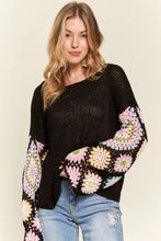 Load image into Gallery viewer, 4654-Multi Color Crochet Sleeve Loose Top-BLACK
