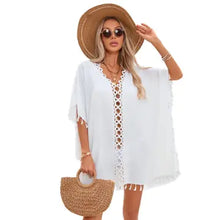 Load image into Gallery viewer, 6118-Crochet Fringe Beach Cover Up Kimono Poncho-WHITE
