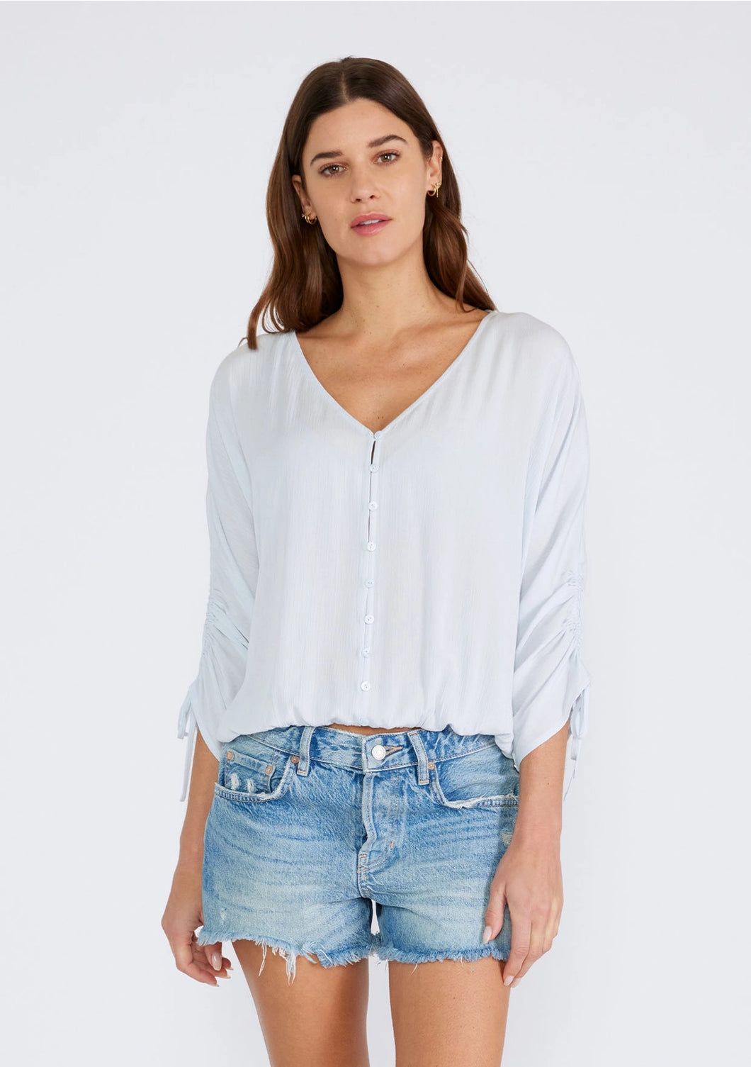5191-Ruched Dolman Sleeve Button Front Blouse-ICE BLUE