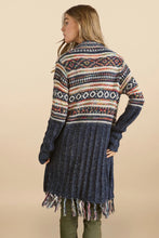 Load image into Gallery viewer, 6526- Fringe Hem Tribal Sweater Cardigan-NAVY
