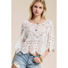 Load image into Gallery viewer, 6144- Floral Crochet Top with 3/4 Bell Sleeves-WHITE
