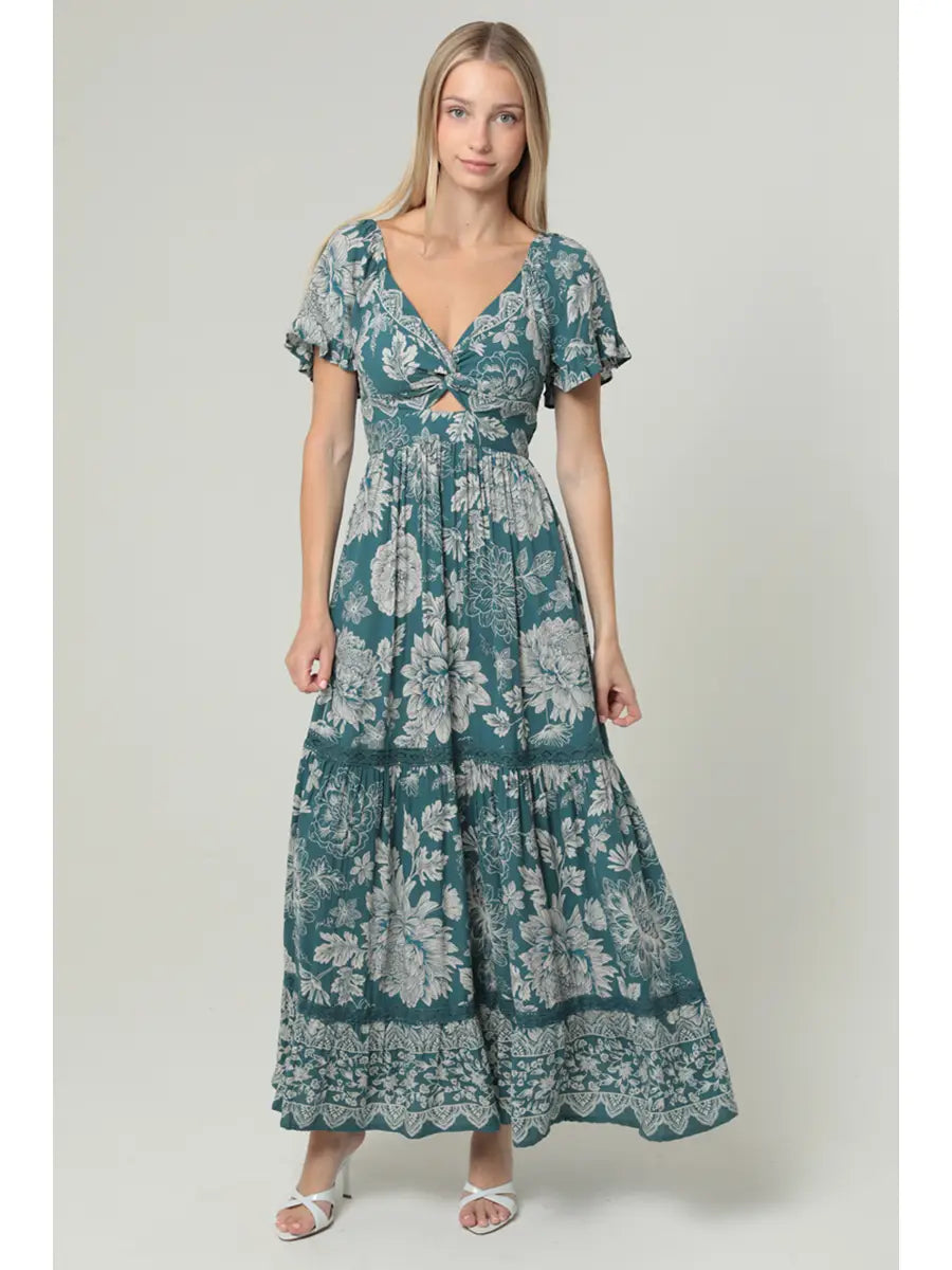 5296-V Neck Twist Front Maxi Dress with Lace Trim-BLUE (