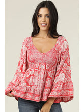Load image into Gallery viewer, 5825-Neck Smocked Bust Wide Sleeve Printed Top-red
