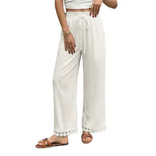 Load image into Gallery viewer, 6112- Textured Wide Leg Pants Lace Hem Casual Pants-WHITE
