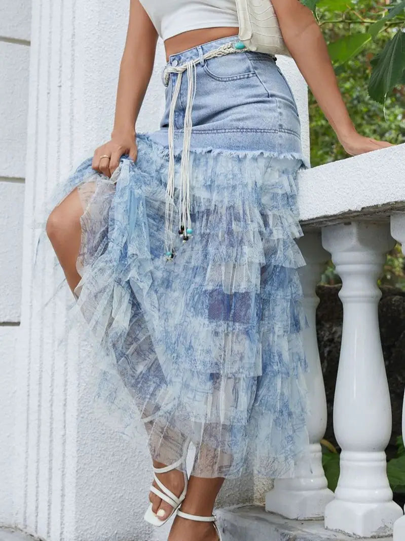 【新品】REMAKE LIKE DENIM LACE LAYERED SKIRT 6071- Layered Tulle Denim Maxi Skirt – Boho Luv Boutique