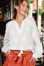Load image into Gallery viewer, 5936-Floral Embroidered Tie Neck Tassel 100%Cotton Top
