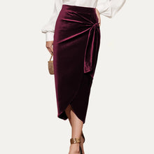 Load image into Gallery viewer, 5678-Burgundy Velvet Tie-Front Tulip Midi Skirt
