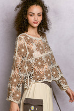 Load image into Gallery viewer, 5811- POL  Floral Weave Knit Long Sleeve Crochet Top-BROWN
