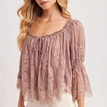 Load image into Gallery viewer, 6408- Wide Neck Ruffled Eyelash Lace Blouse -MAUVE

