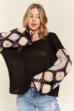 Load image into Gallery viewer, 4654-Multi Color Crochet Sleeve Loose Top-BLACK
