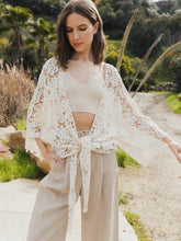 Load image into Gallery viewer, 4069-Crochet Floral Petal Kimono Wrap-CREAM
