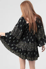 Load image into Gallery viewer, 5587- Mixed Print Wide Bell Sleeve Smocked Bodice-BLACK
