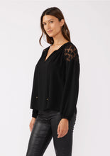 Load image into Gallery viewer, 5438-Embroidered Mesh Long Sleeve Tie Neck Blouse-BLACK

