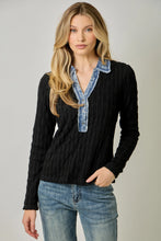 Load image into Gallery viewer, 6577- Denim Mix Textured Knit Henley Top-BLACK
