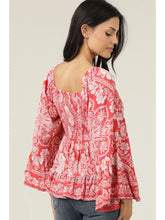 Load image into Gallery viewer, 5825-Neck Smocked Bust Wide Sleeve Printed Top-red
