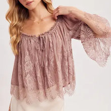 Load image into Gallery viewer, 6408- Wide Neck Ruffled Eyelash Lace Blouse -MAUVE

