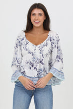 Load image into Gallery viewer, 5177-Long Flare Slv Top with Smocked Bodice-BLU/WT
