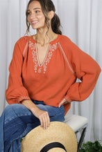 Load image into Gallery viewer, 6567- Paisley Embroidered V-Neck Cotton Gauze Blouse -RUST
