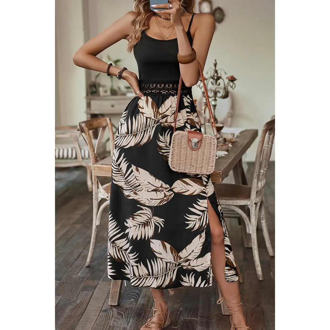 5133-Tropical Print Guipure Lace Insert Split Dress