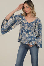 Load image into Gallery viewer, 6594- Flare Bell Sleeve Printed Top-BLUE
