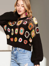 Load image into Gallery viewer, 5407-LONG Puff Sleeves Crochet Crop Top-BLACK
