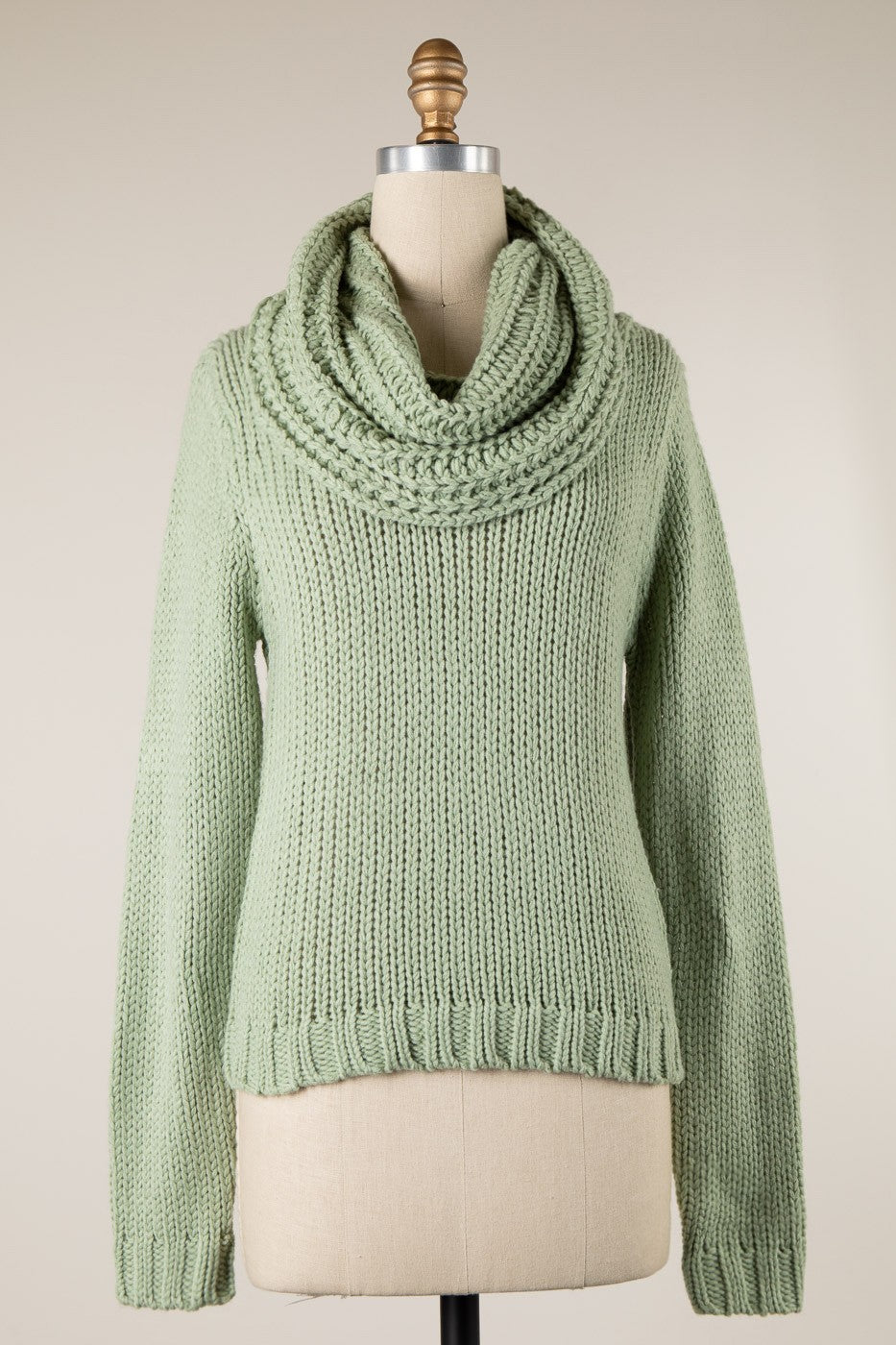 4718-Cowl Neck Ribbed Trim Cable Knit Sweater-MOSS