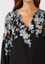 Load image into Gallery viewer, 5590-Blue Floral V-Split Smocked Neck Blouse-BLACK
