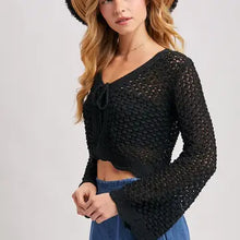Load image into Gallery viewer, 6123- Open Knit Crochet Front-Tie Cropped Cardigan -BLACK
