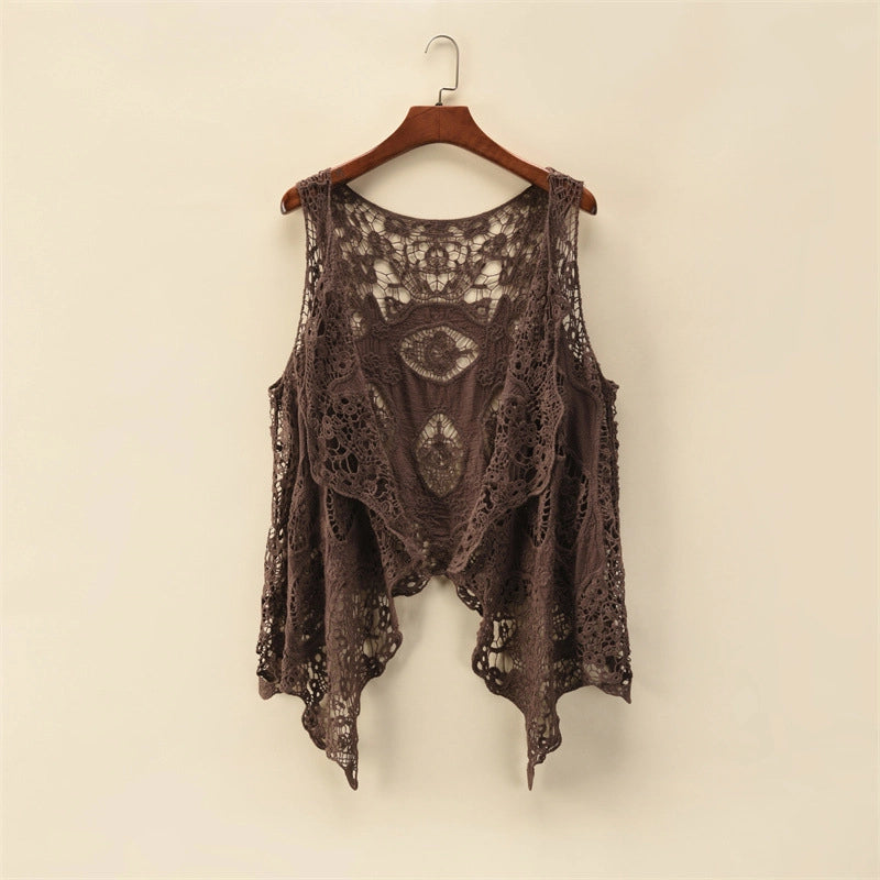 5389-Sleeveless Hollow Jacquard Lace Cardigan-BROWN