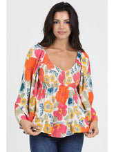 Load image into Gallery viewer, 5818-Neck Smocked Bust Wide Bell Sleeve Floral Blouse-ORANGE
