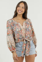 Load image into Gallery viewer, 6597- V Neck Lace Sleeve Tie Front Top
