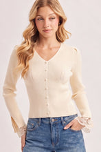 Load image into Gallery viewer, 6358-Lace Cuff Ribbed Knit V-Neck Top-ECRU
