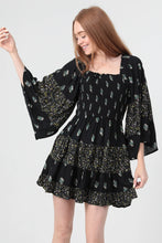 Load image into Gallery viewer, 5587- Mixed Print Wide Bell Sleeve Smocked Bodice-BLACK
