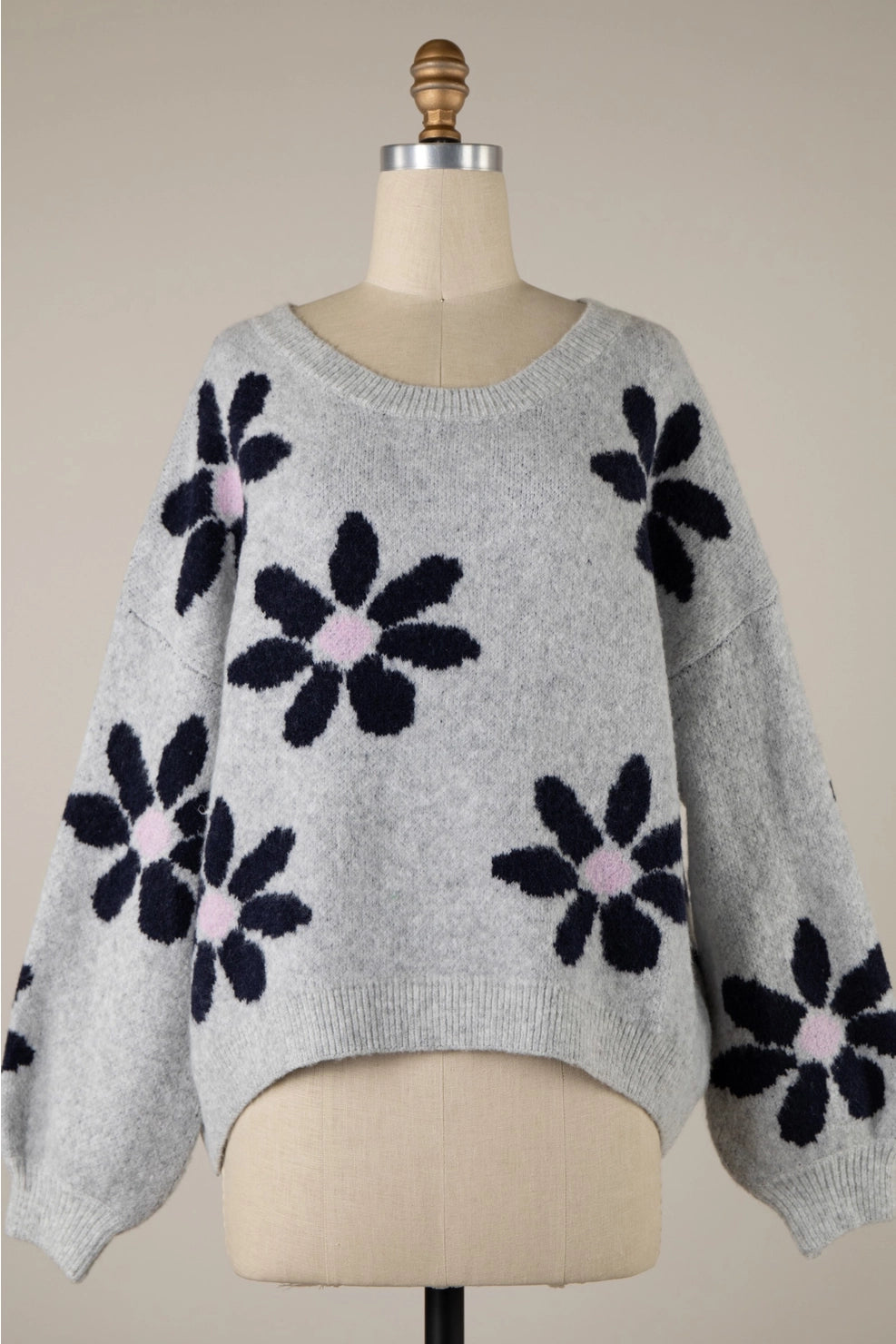 4630-Daisy Flower Frint Sweater-GREY