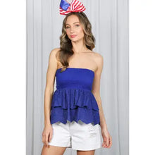 Load image into Gallery viewer, 6196- Scalloped Eyelet Lace Ruffle Detail Smocked Tube Top -BLUE

