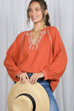 Load image into Gallery viewer, 6567- Paisley Embroidered V-Neck Cotton Gauze Blouse -RUST
