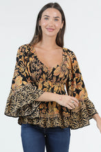 Load image into Gallery viewer, 6596- V Neck Smocked Bust Flare Sleeve Top-YELLOW
