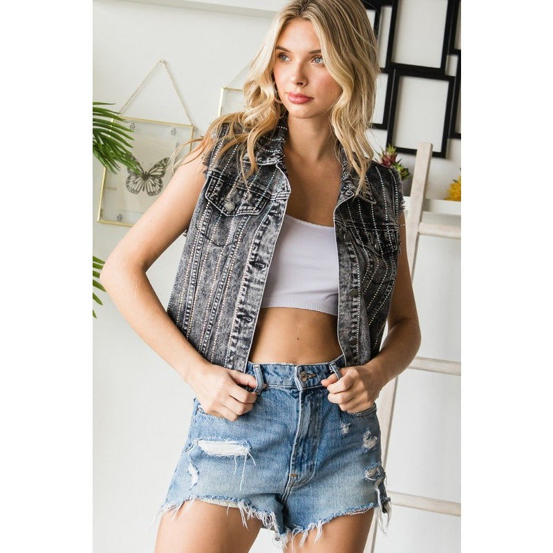 5353-Rhinestone Color Denim Vest-BLACK