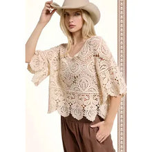 Load image into Gallery viewer, 6145- Floral Crochet Top with 3/4 Bell Sleeves-NATURAL
