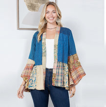 Load image into Gallery viewer, 6039- Western Boho Lace &amp; Denim Patchwork Kimono Top
