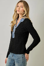 Load image into Gallery viewer, 6577- Denim Mix Textured Knit Henley Top-BLACK
