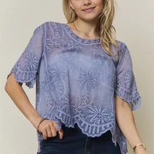 Load image into Gallery viewer, 6257- Eyelet Embroidered Sheer Scalloped Blouse- BLUE

