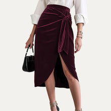 Load image into Gallery viewer, 5678-Burgundy Velvet Tie-Front Tulip Midi Skirt
