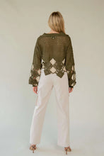 Load image into Gallery viewer, 5235-Crochet V Neck Long Sleeve Knit Sweater Top-OLIVE
