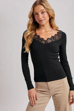 Load image into Gallery viewer, 6713- V-Neck Lace Trim Ribbed Knit Long Sleeve Top
