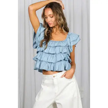 Load image into Gallery viewer, 6197- Tiered Flutter Sleeve Chambray Denim Casual Top
