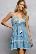 Load image into Gallery viewer, 5807- POL Vintage Denim Embroidered Smocked Ruffle Boho Dress
