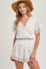 Load image into Gallery viewer, 5092-Wrap Floral Lace Trimmed Drawstring Romper-IVORY
